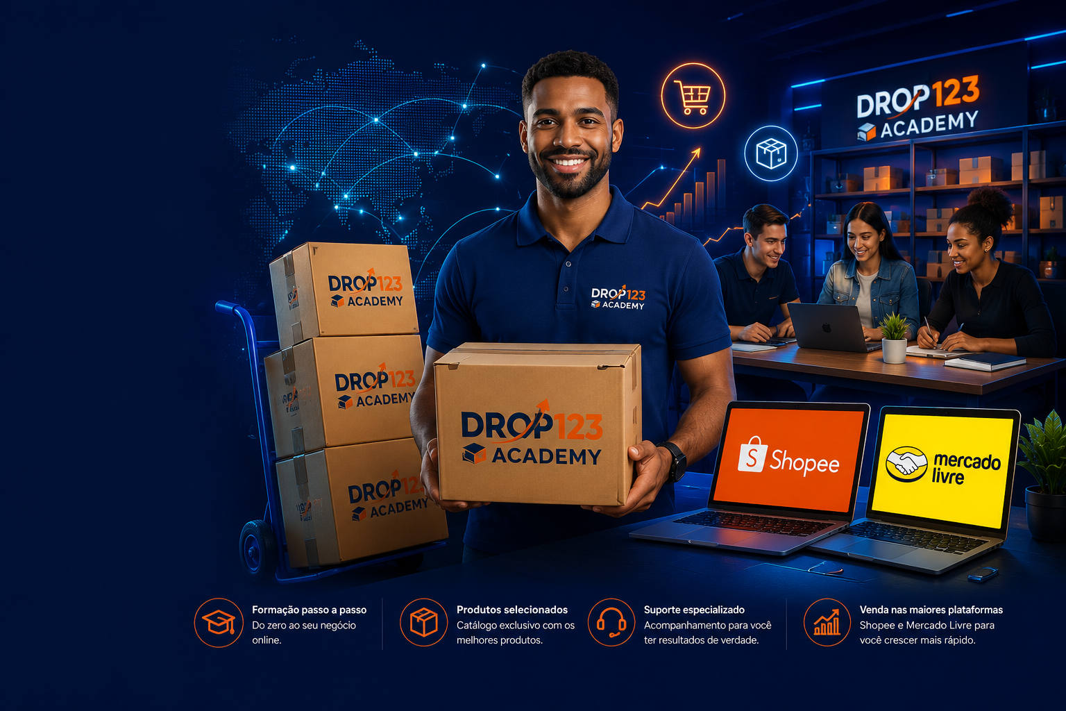 Instrutor da Drop123 Academy segurando uma caixa, com carrinho de caixas, notebooks mostrando Shopee e Mercado Livre e alunos ao fundo